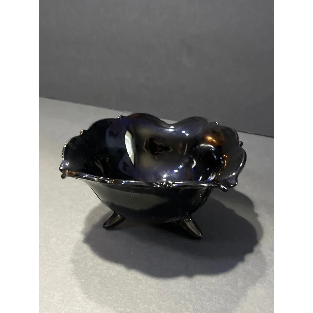 Vintage Amethyst Black Glass Footed Nut Bowl and Candlestick Holder Set